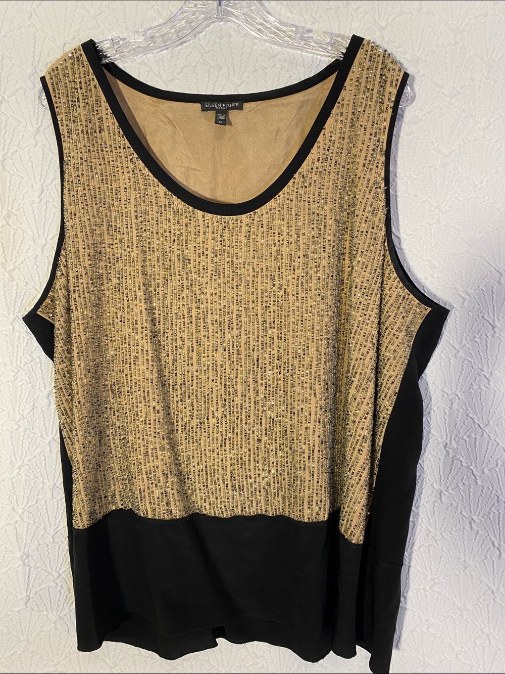 Eileen Fisher Gold and Black Sleeveless Knit Tank 100% SILK
